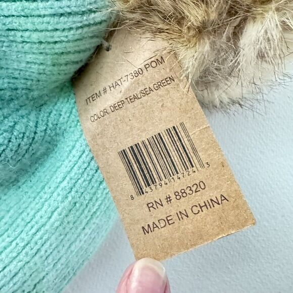 C.C Exclusive Tie Dye Beanie Hat DEEP TEAL/SEA GREEN Faux Fur Pom 7380POM NEW - Picture 3 of 4